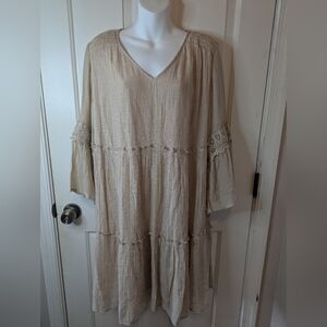 Indigo Rose ~ Boho Peasant Bohemian Tiered Midi Dress, Beige ~ Women’s 2X